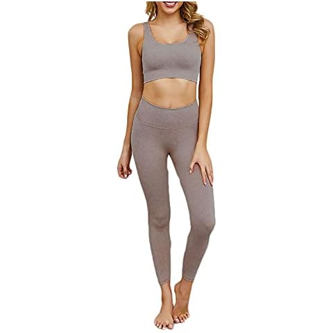 Beaufident Women's Seamless Workout Set 2 Pieces Ribbed Sport Bra with High Waist Shorts Legging Yoga Outfit Tracksuit, 0-a Moss Brown, XS Cover