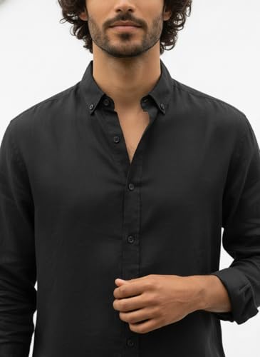 Image of Men's Linen Cotton Shirt | Solid Design | Full Sleeve | Regular Fit | Button Down Collar | Summer Casual & Formal Wear