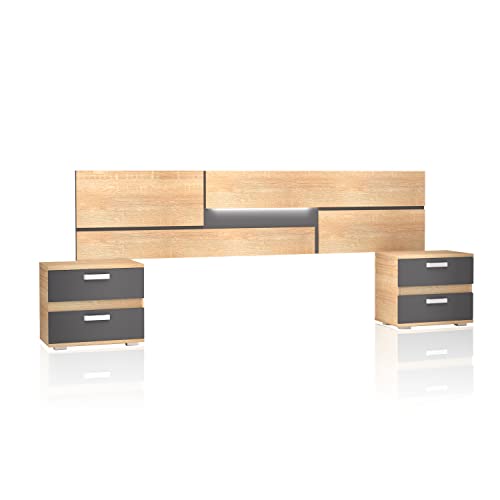 Duehome   Pack Cabecero con Leds y 2 Mesitas