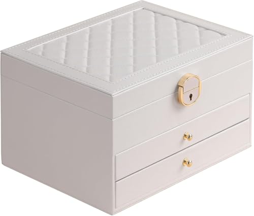 Image of Jewelry Box For Women Girl Wife 3 Layers Large Pu Leather Jewelry Organizer Storage Case With Two Drawers Display For Earrings Bracelets Rings Watches Design Jewelry Box, Jewelry Organizer (White)
