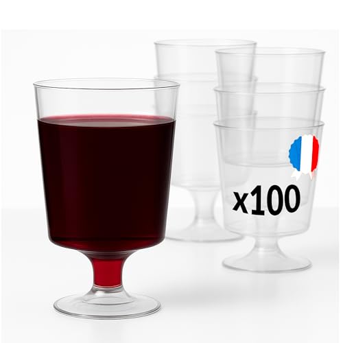 Table'Colors 100 Verres à Vin Plastique Reutilisable 17cl - A Pied pour Apéritif - Idéal pour Mariage - Anniversaire - Fabriqué en France - Base Stable -...