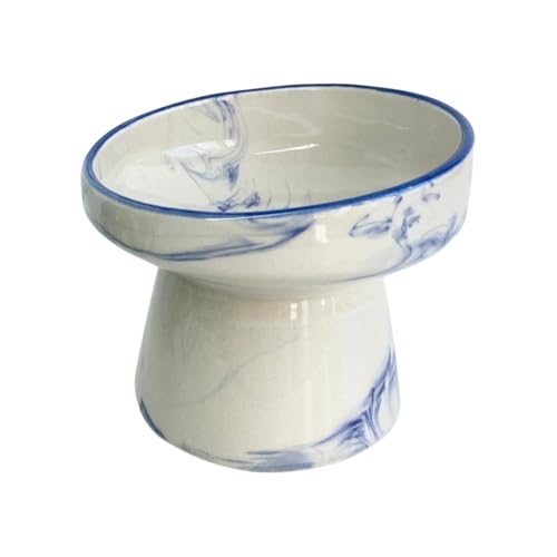 Handmade Elevated Raised Food Bowl, Ceramic Cat Food or Water Bowl, Stress Free, Anti Vomiting, Whisker Friendly (Blue)