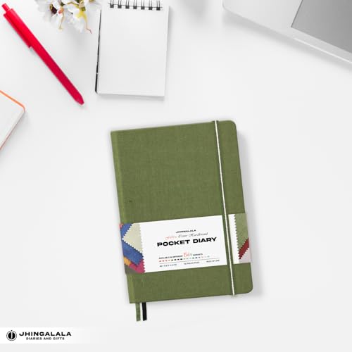 Image of Jhingalala Diaries - Fabric Cover Hardbound Pocket Journal Notebook I Fabric Series Journal Diary For Girls and Women I Pocket Diary With Elastic Closure I Size A6 I 192 Ruled Pages (Army Green)
