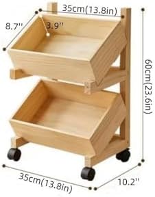 2-Tier Rolling Wood Fruit Basket for Kitchen - Multi-Purpose Storage Cart for Vegetables, Bread, Cans - Pantry Organizer Shelves (Natural Finish)