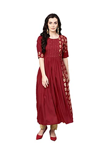 Anarkali Kleid für Frauen, indische Partykleidung Kurtis für Damen, Kurta Tunika, Anzüge, fertig gemacht, Kastanienbraun und goldfarben, Small Cover