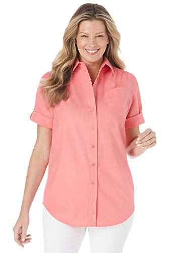 Woman Within Women s Plus Size Linen Blend Button-Front Shirt - 2X, Sweet Coral Orange
