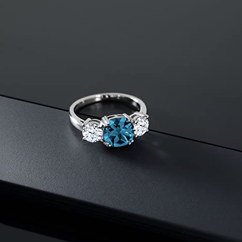 Gem Stone King 4.24 Cttw London Blue Topaz and White Zirconia 3 Stone Engagement Ring For Women | 925 Sterling Silver | Gemstone Birthstone | Cushion 8MM | Available in Size 5,6,7,8,94