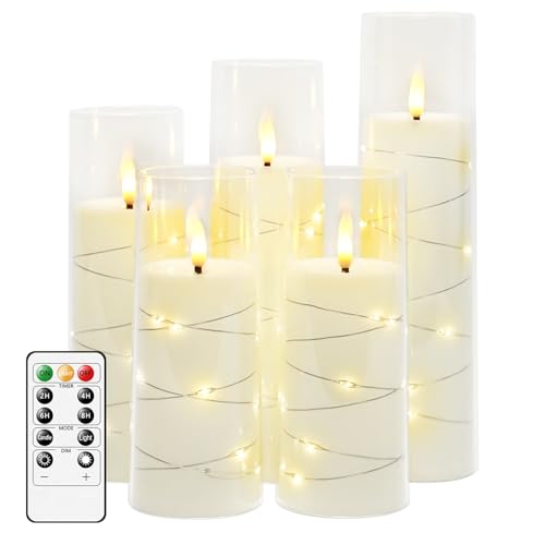 Flameless LED Candles with Timer 5 Pc Flickering Flameless Candles for Romantic Ambiance and Home Decoration Stable Acrylic Shell,with Embedded Star String，Battery Operated Candles（White）