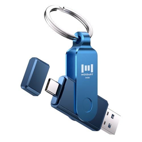 Image of MOSDART 64GB Dual USB C 3.2 Flash Drive, Speed Up to 150MB /S Type C Thumb Drive with Keychain, for iPhone 15,16, 17, Android Phone, iPad, MacBook, and Laptops, Navy Blue