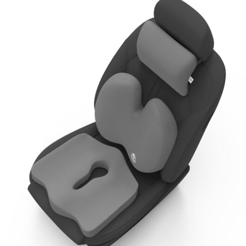 Image of MRRON Memory Foam Posture Corrector Car Seat Cushions Combo | Orthopedic Backrest, Coccyx Cushion & Neckrest | Ergonomic Lumbar Comfort Seat Cushion | Reduces Sciatica, (Grey, Backpro)