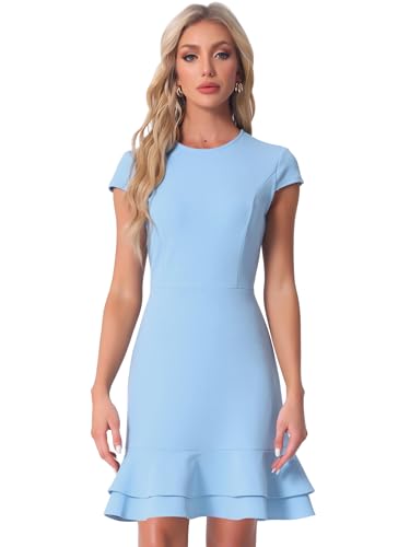 Image of Allegra K Women's Cap Sleeves Round Neck Tiered Ruffled Hem Above Knee Dress