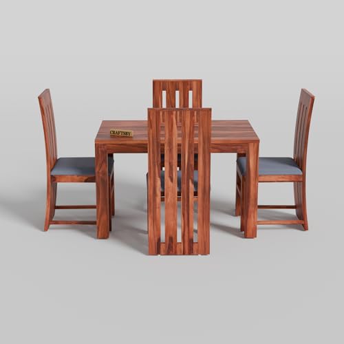 Image of 45 Inches Length Solid Sheesham Wood 4 Seater Dining Table Set | Four Seater Dinner Table with 4 Grey Cushions High Chairs| Dinning Table Set 4 Seater for Living Room| Honey Finish