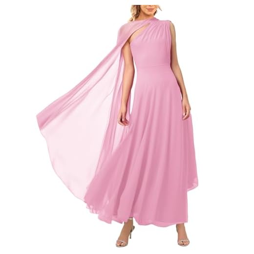 Lrady Women's Elegant Evening Gowns Crewneck One Shoulder Flowy Aline Wedding Guest Party Formal Maxi Dresses with Cape, Pink, Medium