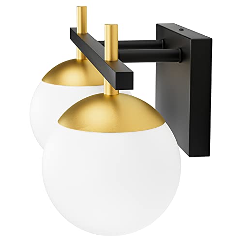 Image of Ralbay 2-Light Black and Gold Bathroom Vanity Light Mid Century Modern Milky Glass Ball Wall Light for Bathroom 2 Light Black /Golden