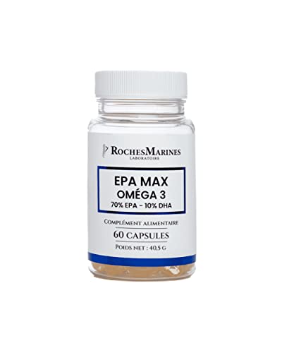 Roches Marines - Complément alimentaire EPA max Oméga 3 - 70 % EPA - 10 % DHA - Riche en Oméga 3 EPA - Bon fonctionnement du cerveau et du cœur - Bonne vision - 60 capsules - Développé en France Cover
