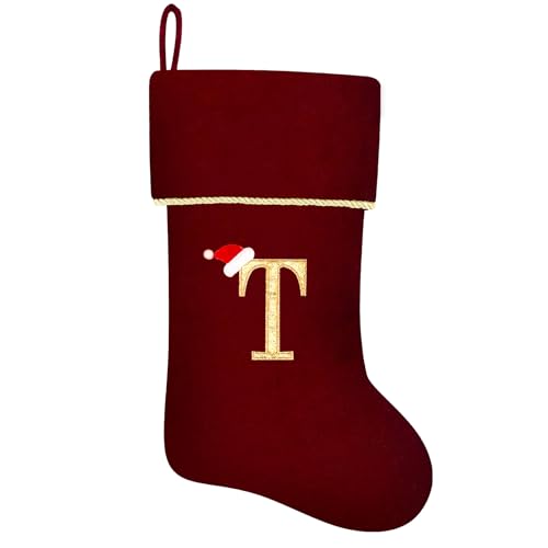 Subyan 20 Inches Initial Monogram Wine Red Christmas Stocking, Personalized Large Embroidered Letter Velvet Christmas Stocking with Gold Trim Decoration for Family Christmas Holiday Party Decor(T)