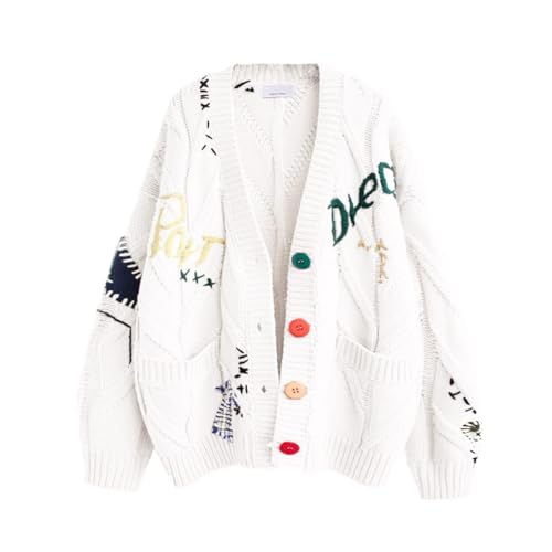 Image of chouyatou Women's Cable Knit Embroidery Patchwork Cardigan V Neck Long Sleeve Open Front Button Down Sweater