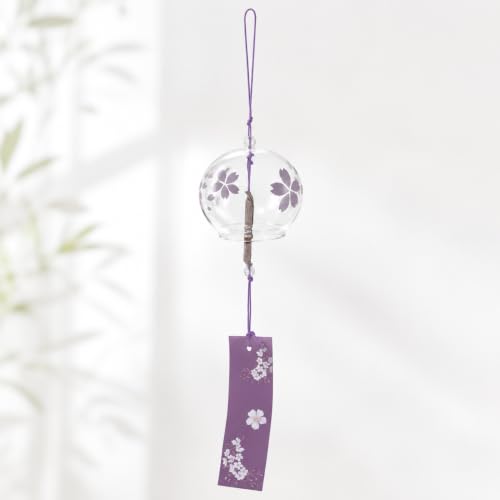 Image of Artibetter Japanese Glass Wind Chime Hanging Bell with Cherry Blossom Design | Handmade Furin Wind Bell for Home, Balcony, Garden, Patio, Window & Gift Decor (Purple)
