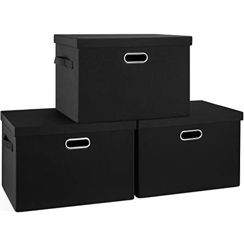Graciadeco Large 17" 36 Quart Collapsible Stackable Storage Bins with Lids, 3 Packs Black Linen Fabric Closet Boxes with Lids, Storage Cube Baskets Container Organizers for Bedroom Office(17 x12 x11)