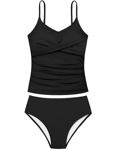 Image of Girls Swimsuit 2 Piece Bathing Suit Criss Cross Ruched Girl Tankini Sets Printed Girls' Swimwear for 9-18 Years