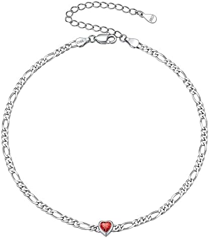 925 Sterling Silver Figaro Chain Birthstone Anklet for Women Adjustable Ankle Bracelet 22cm+5cm Extend Chain(with Gift Box)