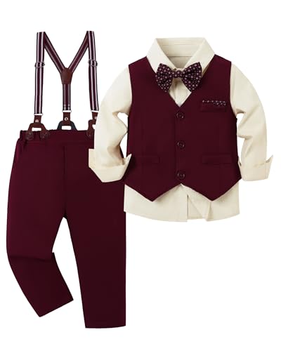 Image of nilikastta Toddler Baby Boy Clothes Suit Gentleman Wedding Outfits Formal Dress Shirt /Bowtie /Vest /Suspender Pants 1-9 Years