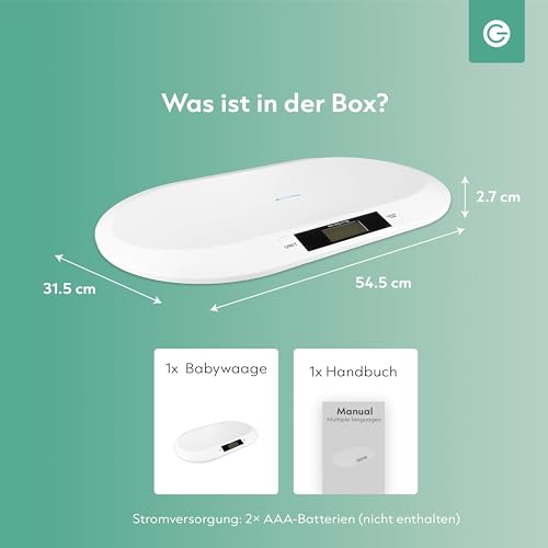 Silvergear® Smart Babywaage mit Bluetooth | Digitale Babywaage mit App für Neugeborene Kinder Haustiere | Präzise Messung bis 20 kg | Smart Life App | 54,5×31,5×2,7cm | Weiß