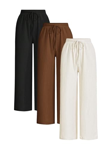 SOLY HUX Women's 3 Piece Pants Tie Front High Waisted Wide Leg Baggy Long Pants Casual Trousers with Pockets