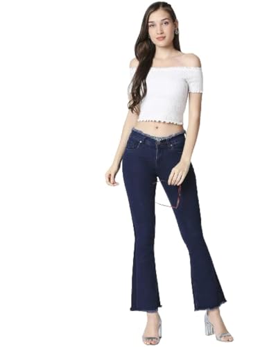 Image of HIGH Star Women Blue Bootcut Frayed Hems Stretchable Jeans