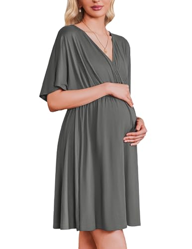 Image of Ekouaer 3 in 1 Labor and Delivery Gown for Hospital Short Sleeve Maternity Nursing Dress Nightgown Postpartum Sleepwear