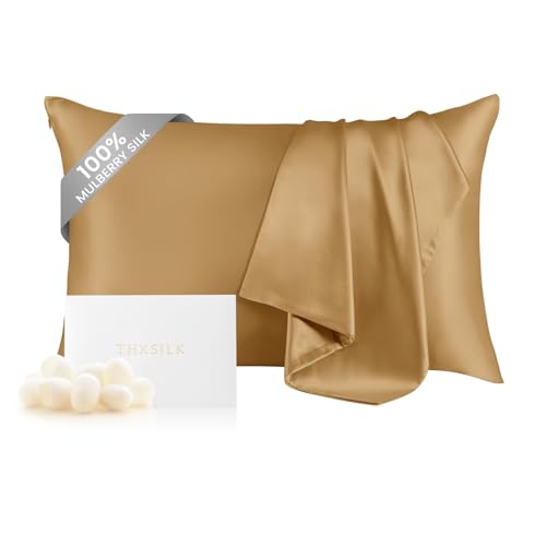 Image of THXSILK Silk Pillowcase for Hair and Skin, 100% Mulberry Silk Bed Pillowcase with Zipper, Hypoallergenic Soft Breathable Pillow Case with Hidden Zipper, King Pillow Case 20 inchx36 inch (Metallic Gold)