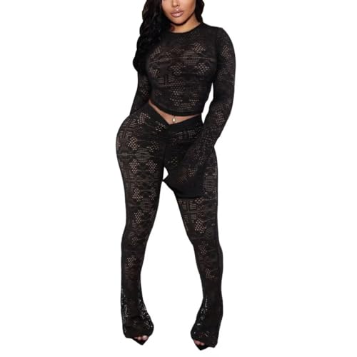 Kafiloe Women Sexy 2 Piece Outfits Clubwear Mesh Hollow Out Long Sleeve Crop Top Flare Pants Set Birthday Outfits Black L