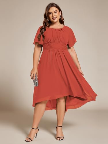 Ever-Pretty Women's A Line Crew Neck Short Sleeves Pleated Elastic Back Chiffon Midi Plus Size High Low Wedding Guest Dresses4