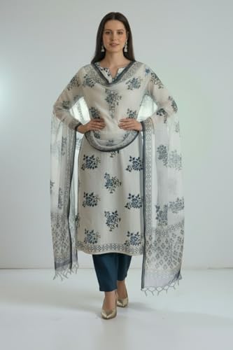 Image of Eddika Women's Bagru Hand Block Printed Pure Cotton Unstitched Suit Material with Kota Doria Dupatta | Traditional Ethnic Dress Material for Kurta, Salwar & Palazzo Set