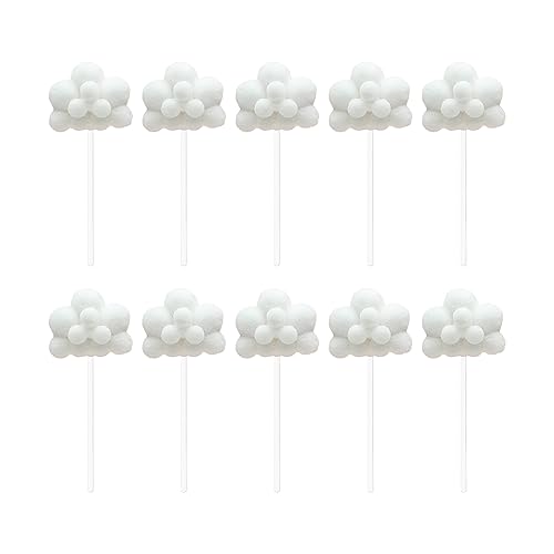 Creaides 10pcs Cloud Cupcake Toppers Plush Yarn Ball Cloud Shaped Dessert Picks Cake Decoration for Baby Shower Wedding Birthday Party Supplies (White)
