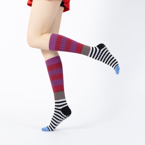 Image of Verdancy Yoga Pilates Socks with Grips for Women Striped Color-Blocked Knee Highs Non Slip Cushioned Over the Calf Socks