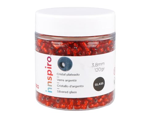 INNSPIRO Rocalla de vidrio redonda plateado rojo 3,8mm. 120gr. Bote. Para crear pulseras y collares, ideal para manualidades y joyas con niños. Cuentas semilla.