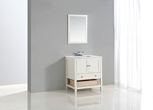 SIMPLIHOME Cape Cod 30 inch Contemporary Bath Vanity in Soft White with White Engineered Quartz Marble Top