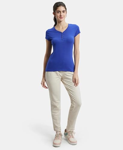 Image of Jockey UL03 Women's Super Combed Cotton Elastane Stretch Slim Fit Solid V Neck Henley Styled Half Sleeve T-Shirt