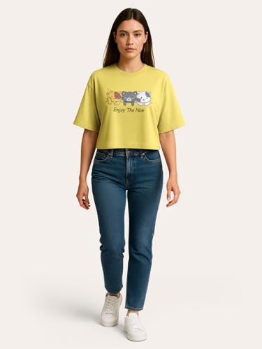 Image of HELLCAT Beige Printed Loose Fit Crew-Neck Crop T-Shirt for Women