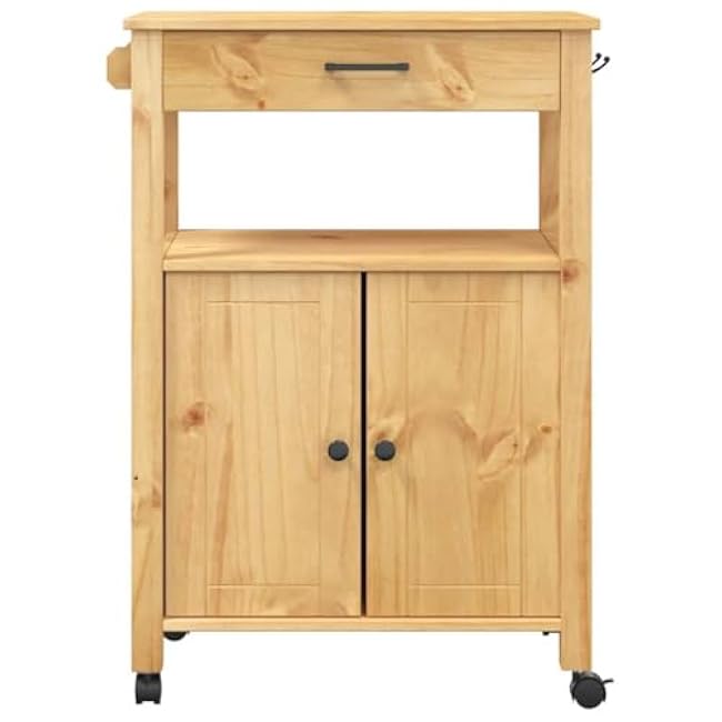 vidaXL Solid Wood Pine Kitchen Trolley on Wheels with Storage - Honey Wax Finish, Rolling Cart for Kitchen/Living Room-nkKucm7j