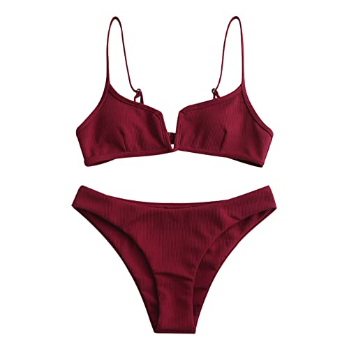 ZAFUL Damen Bikini Set Zweiteilige Badeanzug High Cut Bralette Sexy Swimsuit Sommer (Weinrot, M)