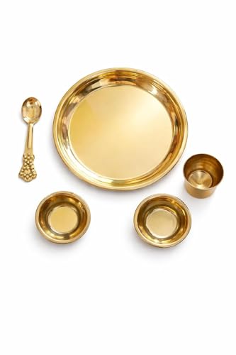 Image of CyberKavish Brass Puja Bhog Thali Bartan Set for Kanha /Laddu Gopal, 5 Pieces, 5 Inch /12 cm Diameter, Golden Finish, Traditional Design