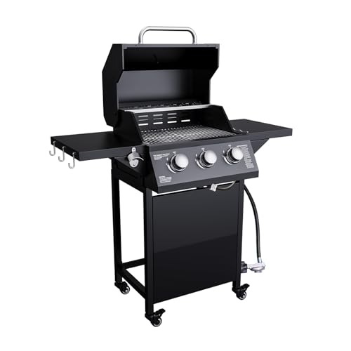 3-Burner Outdoor BBQ Propane Gas Grill, 30000 BTU, Portable Outdoor Gas Grill with Foldable Side Shelves, Built-in Thermometer, Easy Assembly for Backyard, Camping and Tailgating