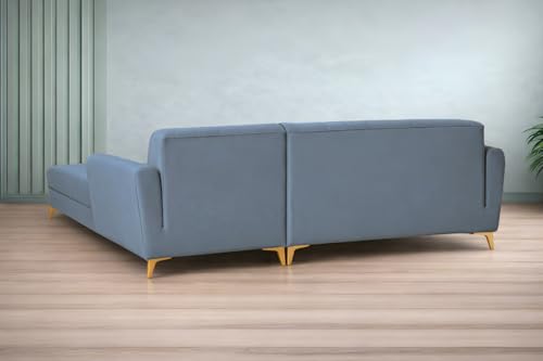 Image of Adorn India Premium Luster 6 Seater L Shape Sofa Set | Velvet Suede Fabric | 3-Year Warranty | RHS |Color Grey with Golden Legs & Striped Pattern Cushion