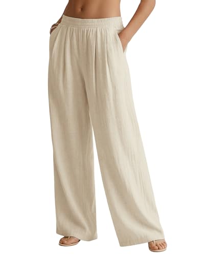 JEKAOYI Womens Casual Linen Pants Wide Leg Palazzo Flowy Summer Pants 2026 Beach Vacation Travel Trousers with Pockets Khaki