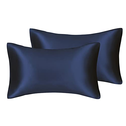 Satin Pillowcase, 2 Pack Silk Satin Pillowcases for Hair and Skin Queen Size Pillow Case with Zipper Closure (Standard, Navy)