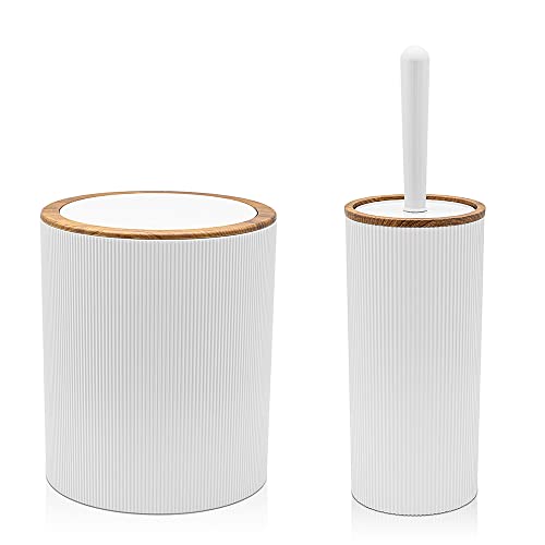 Inbagno Set da 2 Pezzi Porta scopino e Pattumiera 5lt, in plastica Bianco, con Dettagli Effetto Legno, Serie Blob