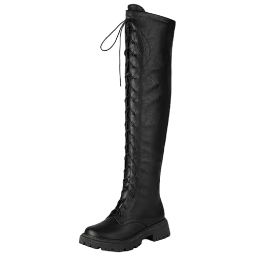 Image of Smilice Women's Over The Knee Boots Lace Up | 53cm Thigh High | 4.5cm Heel & 3cm Platform | Side Zipper | Faux Fur Lining