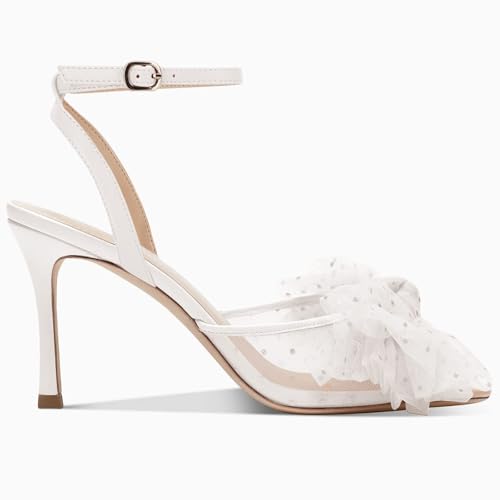 Image of Coutgo Womens Bow Tie Heels Sandals Slingback Peep Toe Wedding Heels Mesh High Stiletto Heel Summer Cute Wedding Bridal Shoes